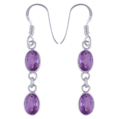 Stunning Two Stone Bezel Amethyst Oval Shape 925 Sterling Solid Silver Dangle Earrings - R3500515-207