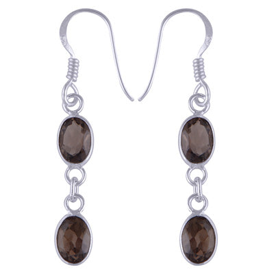 Stunning Two Stone Bezel Smoky Topaz Oval Shape 925 Sterling Solid Silver Dangle Earrings - R3500515-213
