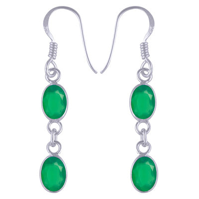 Stunning Two Stone Bezel Green Onyx Oval Shape 925 Sterling Solid Silver Dangle Earrings - R3500515-220