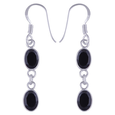 Stunning Two Stone Bezel Black Onyx Oval Shape 925 Sterling Solid Silver Dangle Earrings - R3500515-221