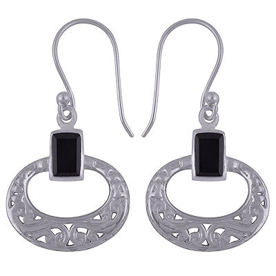 Classic Jali Cut Black Onyx Rectangle Shape 925 Sterling Solid Silver Dangle Earrings - R3500742-48