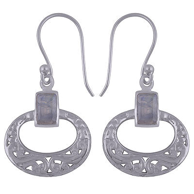 Classic Jali Cut Rainbow Moonstone Rectangle Shape 925 Sterling Solid Silver Dangle Earrings - R3500742-9