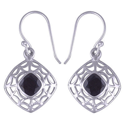 Gorgeous Cut Work Pattern Around Black Onyx Rhombus Shape 925 Sterling Solid Silver Dangle Earrings - R3500756-52