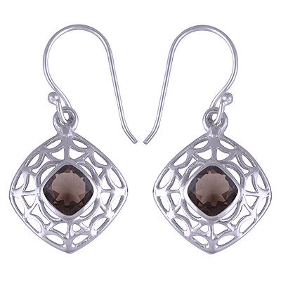 Gorgeous Cut Work Pattern Around Smoky Topaz Rhombus Shape 925 Sterling Solid Silver Dangle Earrings - R3500756-56