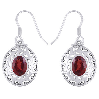 Alluring Jali Cut Work Around Garnet Oval Shape 925 Sterling Solid Silver Dangle Earrings - R3500757-102