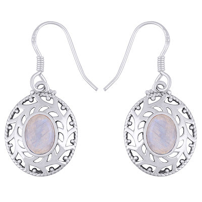 Alluring Jali Cut Work Around Rainbow Moonstone Oval Shape 925 Sterling Solid Silver Dangle Earrings - R3500757-105