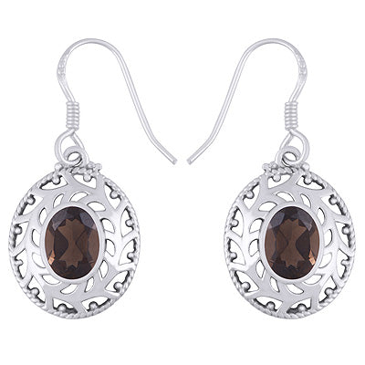 Alluring Jali Cut Work Around Smoky Topaz Oval Shape 925 Sterling Solid Silver Dangle Earrings - R3500757-108