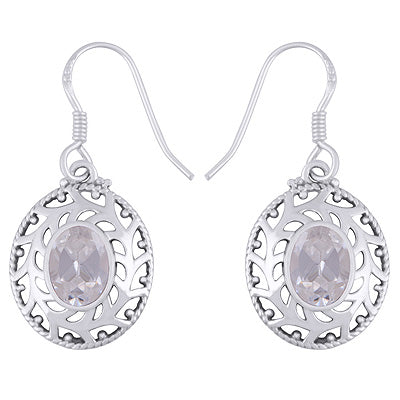 Alluring Jali Cut Work Around White Cubic Zirconia Oval Shape 925 Sterling Solid Silver Dangle Earrings - R3500757-113