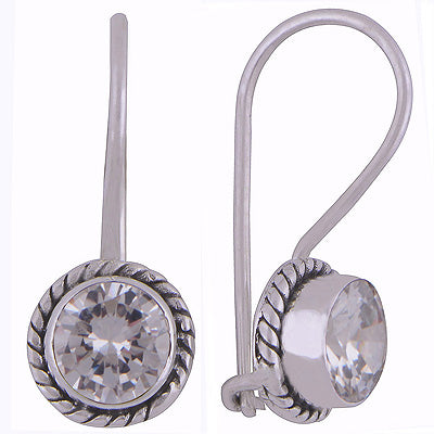 Gorgeous Textured Wire Around White Cubic Zirconia Round Shape 925 Sterling Solid Silver Earrings - R3500925-49
