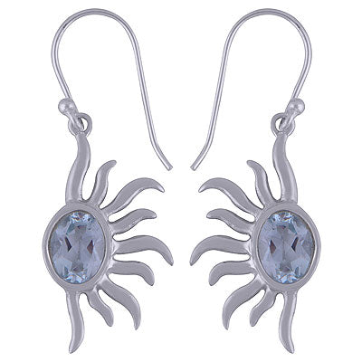 Alluring One Sided Sun Rays Around Blue Topaz Oval Shape 925 Sterling Solid Silver Dangle Earrings - R3500946-1