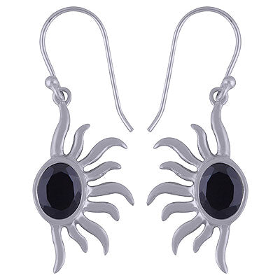 Alluring One Sided Sun Rays Around Black Onyx Oval Shape 925 Sterling Solid Silver Dangle Earrings - R3500946-11