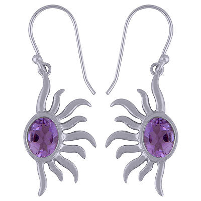 Alluring One Sided Sun Rays Around Amethyst Oval Shape 925 Sterling Solid Silver Dangle Earrings - R3500946-3