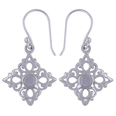 Flower Cut Out Rainbow Moonstone Round Shape 925 Sterling Solid Silver Dangle Earrings - R3500954-48