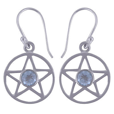 Stunning Handcrafted Star Pattern Around Blue Topaz Round Shape 925 Sterling Solid Silver Dangle Earrings - R3500955-1