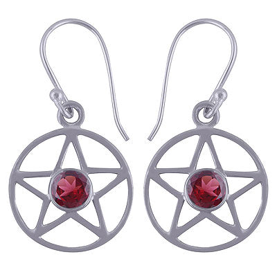 Stunning Handcrafted Star Pattern Around Garnet Round Shape 925 Sterling Solid Silver Dangle Earrings - R3500955-4