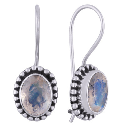 Classic Rawa Work Around Rainbow Moonstone Oval Shape 925 Sterling Solid Silver Earrings - R3501000-21
