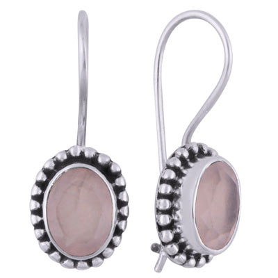 Classic Rawa Work Around Rose Quartz Oval Shape 925 Sterling Solid Silver Earrings - R3501000-94