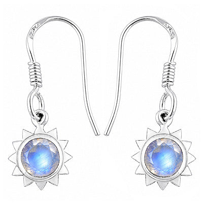 Alluring Sun Shaped Gemstones Around Rainbow Moonstone Round Shape 925 Sterling Solid Silver Dangle Earrings - R3501095-12