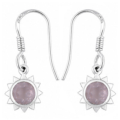 Alluring Sun Shaped Gemstones Around Rose Quartz Round Shape 925 Sterling Solid Silver Dangle Earrings - R3501095-19