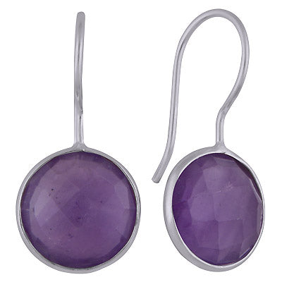 Beautiful Gemstone Bezel Amethyst Round Shape 925 Sterling Solid Silver Dangle Earrings - R3501116-1