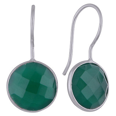 Beautiful Gemstone Bezel Green Onyx Round Shape 925 Sterling Solid Silver Dangle Earrings - R3501116-11