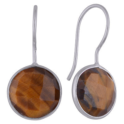 Beautiful Gemstone Bezel Tiger's Eye Round Shape 925 Sterling Solid Silver Dangle Earrings - R3501116-14