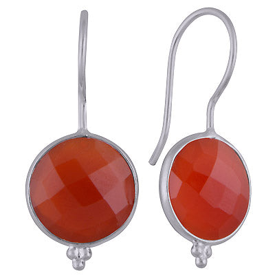 Minimal Rawa Work At Bottom Bezel Carnelian Round Shape 925 Sterling Solid Silver Dangle Earrings - R3501117-10