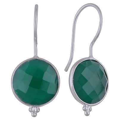 Minimal Rawa Work At Bottom Bezel Green Onyx Round Shape 925 Sterling Solid Silver Dangle Earrings - R3501117-11