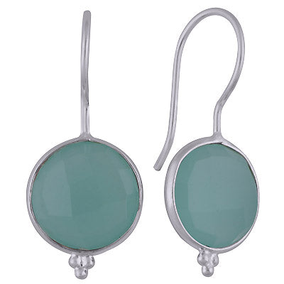 Minimal Rawa Work At Bottom Bezel Aqua Chalcedony Round Shape 925 Sterling Solid Silver Dangle Earrings - R3501117-13