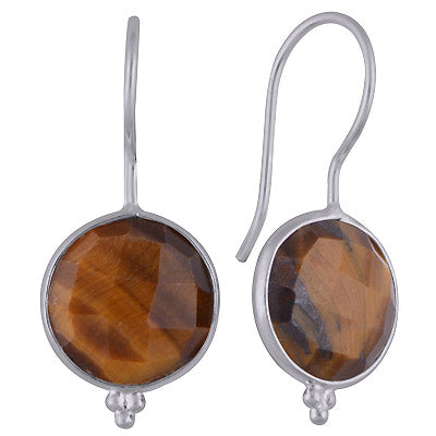 Minimal Rawa Work At Bottom Bezel Tiger's Eye Round Shape 925 Sterling Solid Silver Dangle Earrings - R3501117-14