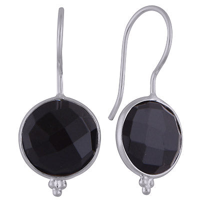 Minimal Rawa Work At Bottom Bezel Black Onyx Round Shape 925 Sterling Solid Silver Dangle Earrings - R3501117-19