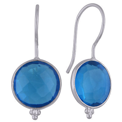 Minimal Rawa Work At Bottom Bezel Blue Topaz Round Shape 925 Sterling Solid Silver Dangle Earrings - R3501117-5
