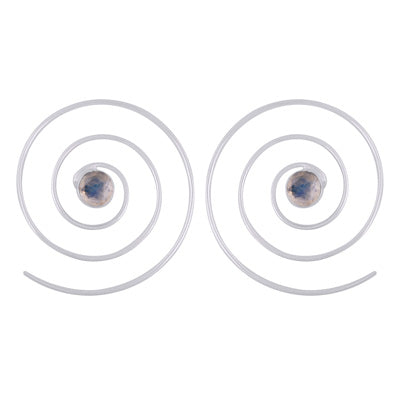 Gorgeous Swirl w/ Gemstone Rainbow Moonstone Round Shape 925 Sterling Solid Silver Hoop Earrings - R3501132-19