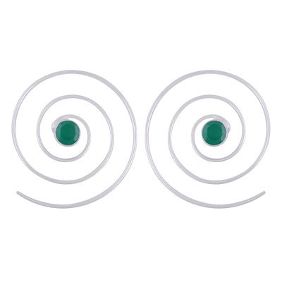 Gorgeous Swirl w/ Gemstone Green Onyx Round Shape 925 Sterling Solid Silver Hoop Earrings - R3501132-24