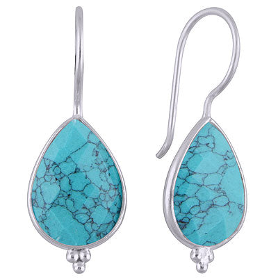 Gorgeous Rawa Work at Bottom Bezel Turquoise Pear Shape 925 Sterling Solid Silver Dangle Earrings - R3501140-4