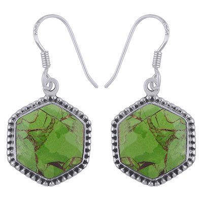 Stunning Rawa Work Around Green Copper Turquoise Hexagon Shape 925 Sterling Solid Silver Dangle Earrings - R3501170-1