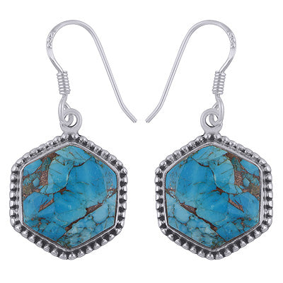 Stunning Rawa Work Around Blue Copper Turquoise Hexagon Shape 925 Sterling Solid Silver Dangle Earrings - R3501170-2
