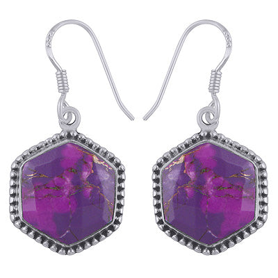 Stunning Rawa Work Around Purple Copper Turquoise Hexagon Shape 925 Sterling Solid Silver Dangle Earrings - R3501170-3