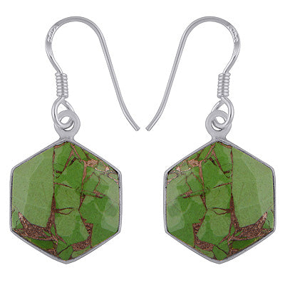 Beautiful Gemstone Green Copper Turquoise Hexagon Shape 925 Sterling Solid Silver Dangle Earrings - R3501172-9