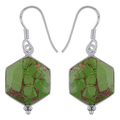 Minimal Rawa Work At Bottom Green Copper Turquoise Hexagon Shape 925 Sterling Solid Silver Dangle Earrings - R3501173-1