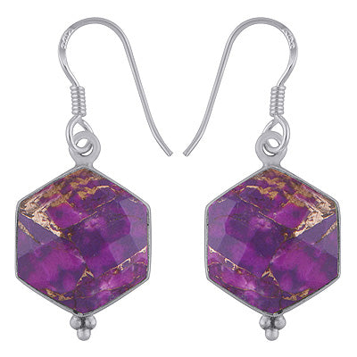 Minimal Rawa Work At Bottom Purple Copper Turquoise Hexagon Shape 925 Sterling Solid Silver Dangle Earrings - R3501173-3