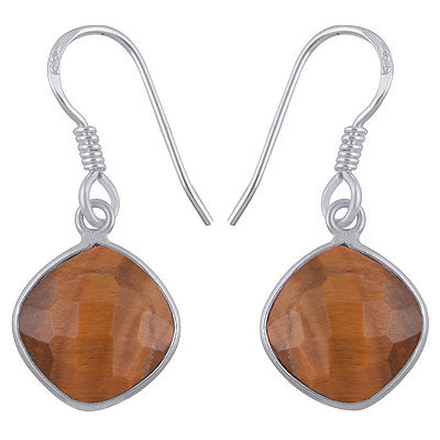 Stunning Bezel Gemstone Tiger's Eye Cushion Shape 925 Sterling Solid Silver Hanging Earrings - R3501177-6