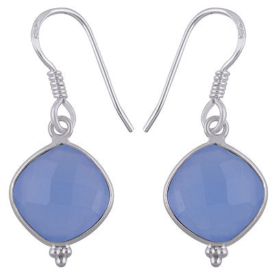Minimal Rawa work at Bottom Bezel Blue Chalcedony Cushion Shape 925 Sterling Solid Silver Hanging Earrings - R3501178-4