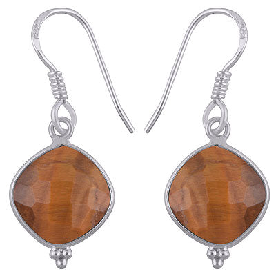 Minimal Rawa work at Bottom Bezel Tiger's Eye Cushion Shape 925 Sterling Solid Silver Hanging Earrings - R3501178-6