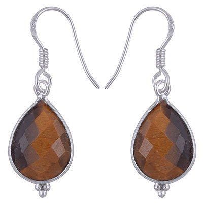 Minimal Rawa Work At Bottom Bezel Tiger's Eye Pear Shape 925 Sterling Solid Silver Hanging Earrings - R3501179-8