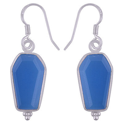 Beautifully Handcrafted Bezel Rawa Work at bottom Blue Chalcedony Coffin Shape 925 Sterling Solid Silver Dangle Earrings - R3501183-6