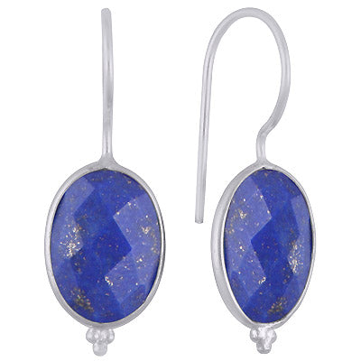 Alluring Rawa Work At Bottom Bezel Lapis Oval Shape 925 Sterling Solid Silver Dangle Earrings - R3501187-10
