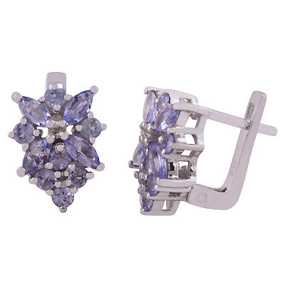 Alluring Flower Pattern Gemstone Tanzanite Round,Marquise Shape 925 Sterling Solid Silver Rhodium Plated Dangle Earrings - R3501200-1