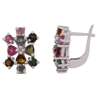 Alluring Multicoloured Gemstone Tourmaline Round,Trillion Shape 925 Sterling Solid Silver Rhodium Plated Dangle Earrings - R3501206-1