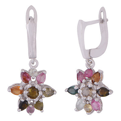 Beautiful Flower Pattern Gemstone Tourmaline Pear,Round Shape 925 Sterling Solid Silver Rhodium Plated Dangle Earrings - R3501209-1